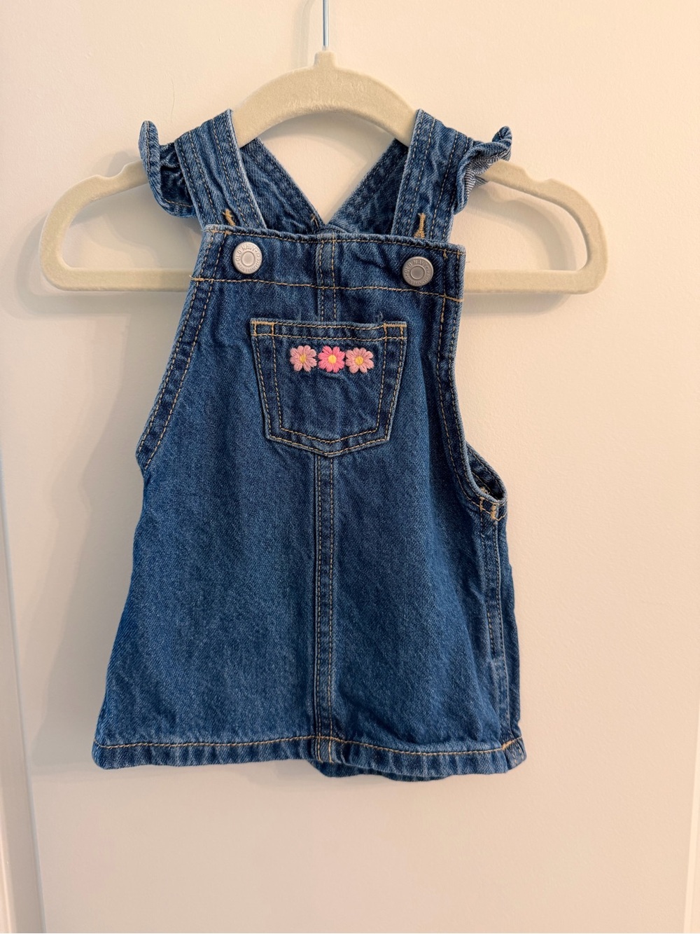 Old Navy Blue Denim Kids Overall Dress with Pink Flower Embroidery